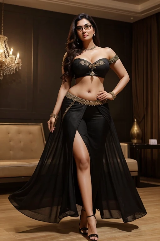 Hottest sexiest girl 18 years old, ultra realistic, busty,very fair, ultra beautiful, lusty, slutty, seductress, enchantress, sensual, wearing exquisite heavy jewelry, eroticically dressed for her wedding night, standing in hottest pose, dressed in a hottest enticing black satin ghagra well below her navel, and tight fitting black satin choli, milky white deep cleavage, show full length body