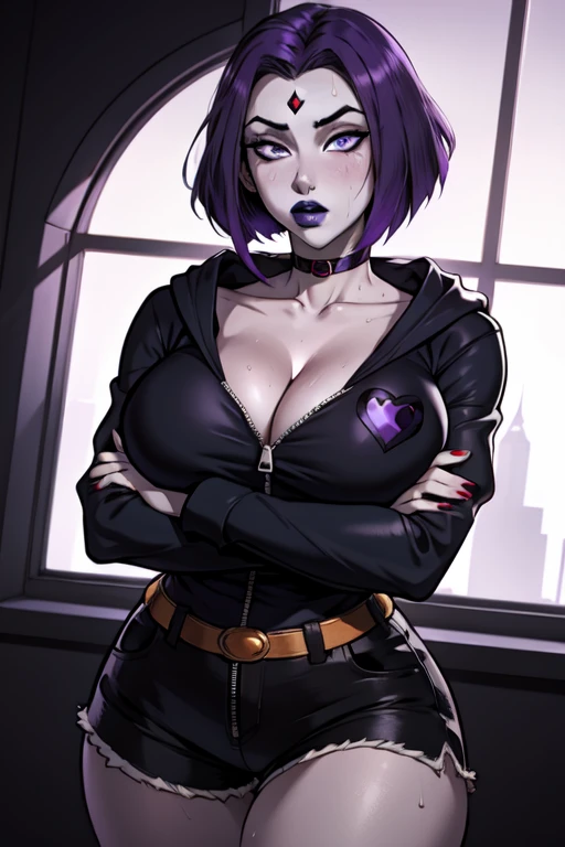 
dc comics
teen titans
rachel roth
raven (dc)
annoyed
arms under breasts
black lips
black lipstick
blue eyes
blue hair
blush purple_shirt, yellow_eyes, BREAK 1girl, gorgeous girl , , wearing unzip full open hoodie , hands in pocket , bend forward, lipstick, purple blouse, black shorts short, cleavage, sexy thighs, nipple slip, from below, (slim fit), pose, boob focus, closeup , look at viewers, dark background, cloth cover nipple

collarbone
crossed arms
embarrassed
forehead jewel
from above
goth
huge breasts
large breasts
looking at viewer
pale skin
pout
purple eyes
purple hair
sweat, flying, purple aura in back body