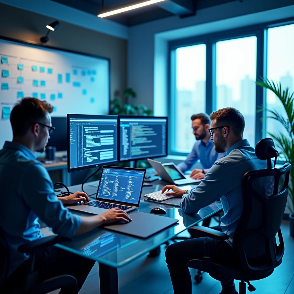 A cinematic, ultra-realistic web development workspace with subtle blue accents and bright white lighting illustrating the process of customizing product variants. In the scene, a team of Slavic IT professionals work at a modern glass table. One developer configures product options on a high-resolution monitor, another configures variant options on a sleek blue-lit laptop, and a third team member organizes variant attributes on a tablet. The workspace includes a variety of blue-themed accessories such as cables, mouse pads and decorative items that are seamlessly integrated into a bright and professional environment. Large windows let ample natural light into the room, complementing the artificial white lighting. In the background, a whiteboard displays product variant structures and configuration workflows in blue markers. The office is furnished with modern and ergonomic furniture, plants to add greenery and technological decor. Highly detailed 4K, dynamic composition, varied perspectives, realistic expressions, no logos, no text