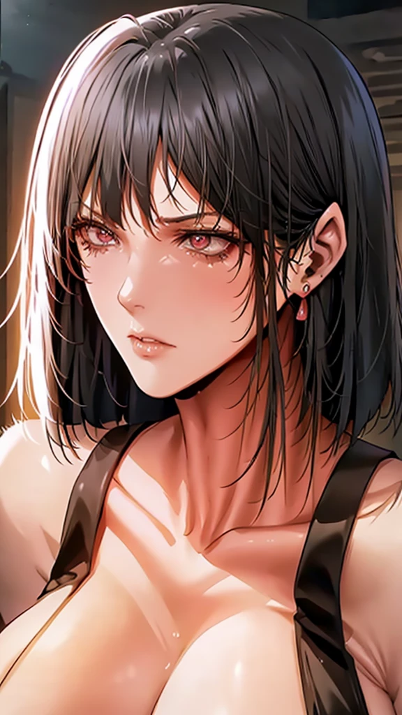 The face of a mature woman with an angry and domineering expression, Short strong black hair to shoulders,  black eyes,  full lips ,domineering and angry face expression,