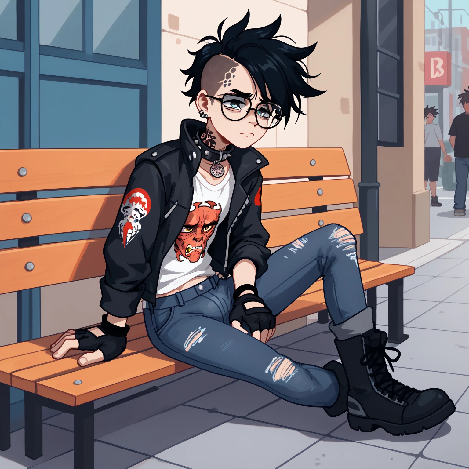 1male, solo, human male, sitting on bench along cuty street, ("sad keanu" pose:1.3), messy punk hair, vibrant eyes, tattoos under clothing, old punk jacket with leopard-print collar, punk t-shirt, black fingerless gloves, combat boots, black skinny jeans, black rim glasses, heartbroken facial expression, sad posture, staring blankly in contemplation, 40oz on ground between his legs, High Resolution, Anatomically Correct, Accurate, Best Quality, High Details, UHD, Wide Shot, Illustration, Digital Art, 