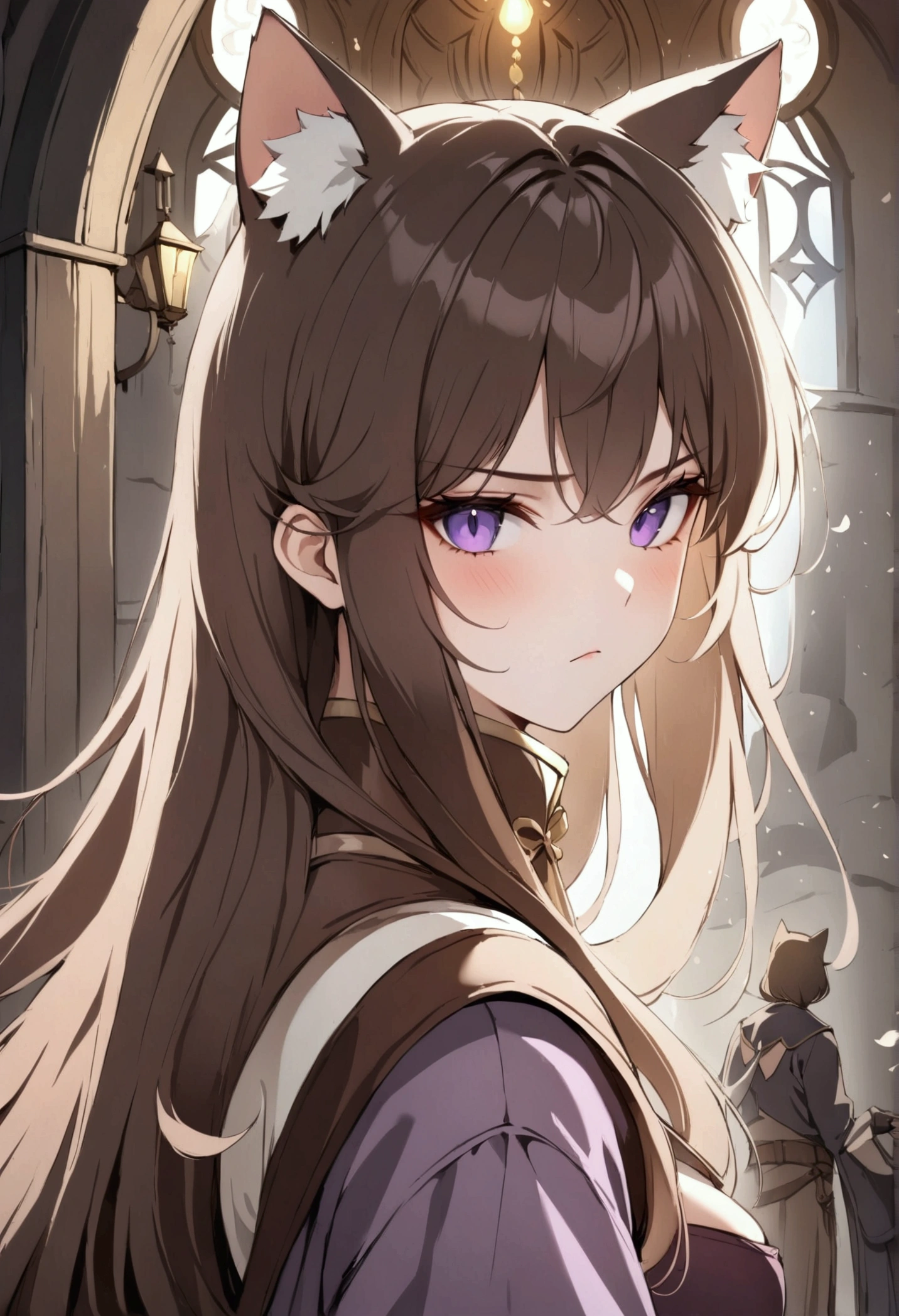 (1girl, Masterpiece, best quality, beautiful) A young cat-woman female with (long length brown hair). brown cat ears with white fur. Neutral, sligthly serious expression. medieval-style fancy ON colors dark brown, white and purple outfit. She has purple eyes. She has a brown belt cinched around her waist. She wears brown pants. 
