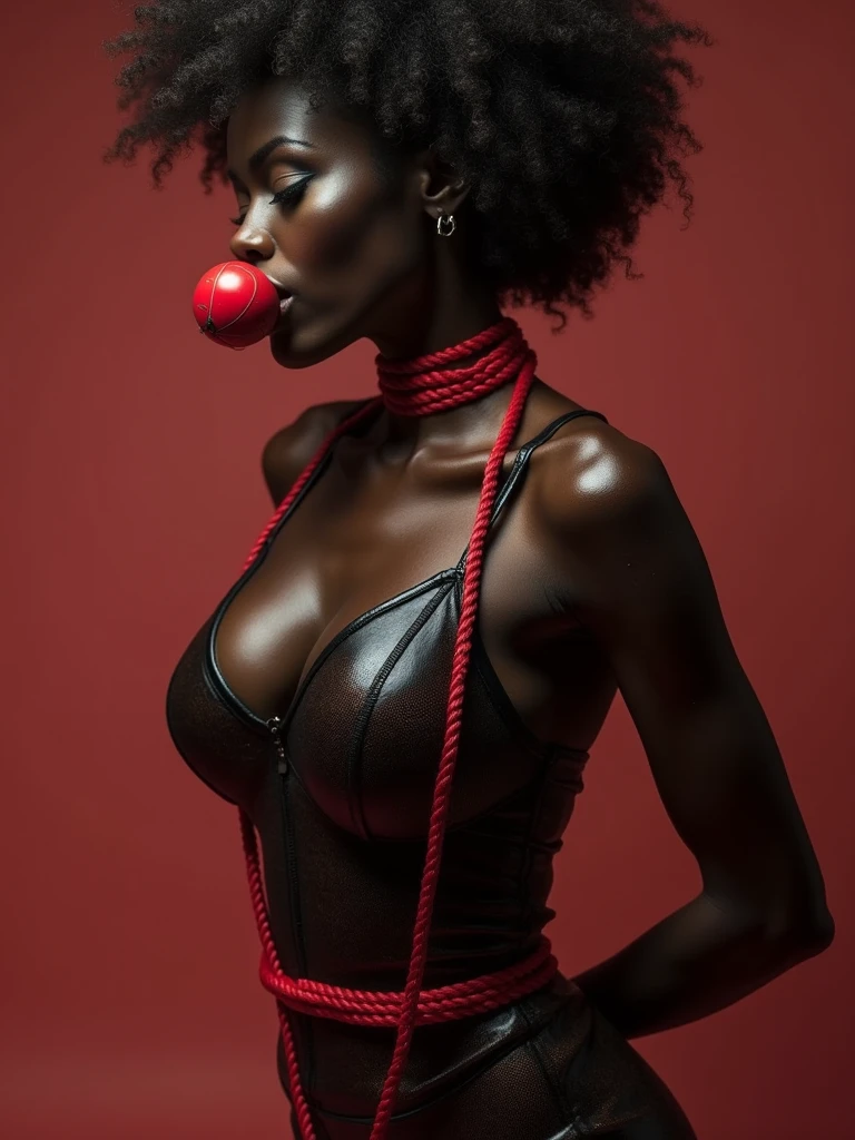 african woman, young, naked, red dreadlocks, septum piercing, dimples, thick belt around neck, naughty expression, red shiny latex bodysuit, being groped by men, being touched by men, hands on woman's body, close-up, UHD, retina, masterpiece, accurate, anatomically correct, textured skin, super detail, high details, high quality, award winning, best quality, highres