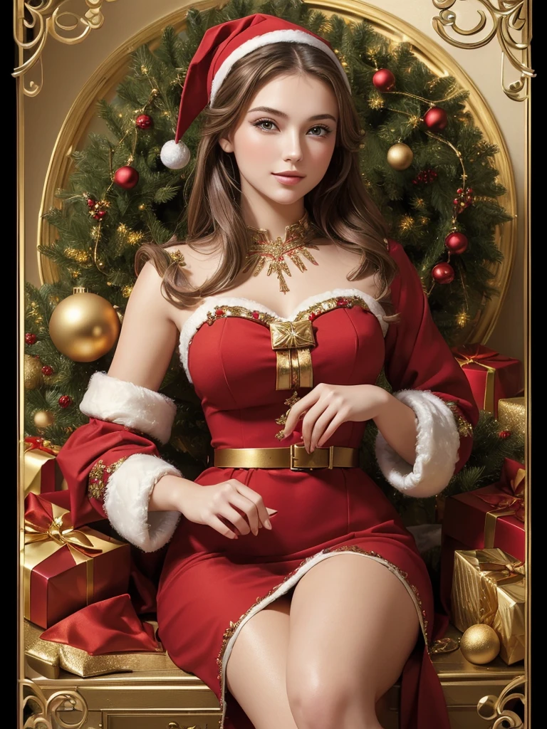 ((( masterpiece ,  high quality 16K . 32K.))),  Greeting card for St. Nicholas Day, the image shows the festive mood of a young beautiful woman 25 years old. 