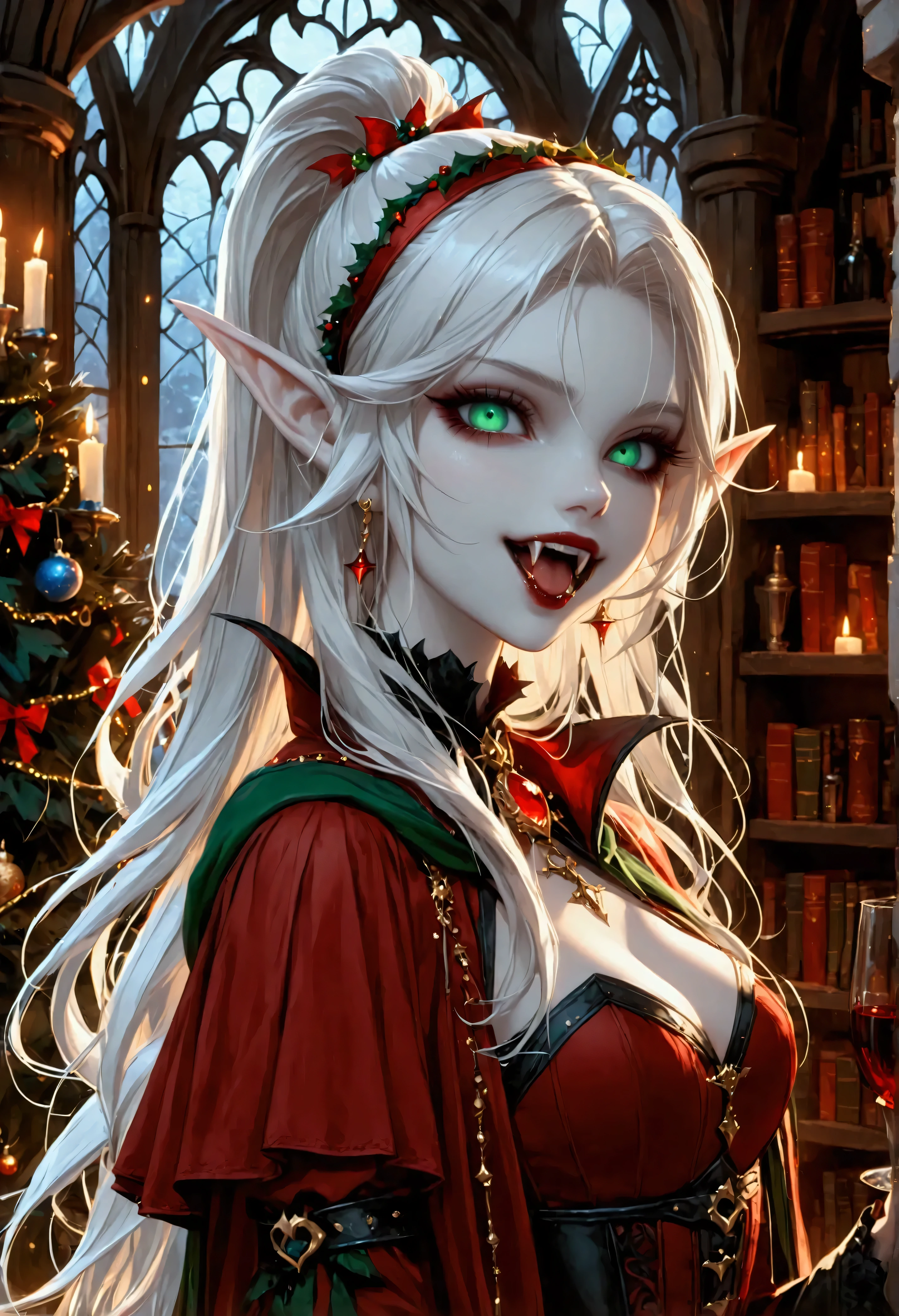 arafed a picture of elf vampire in her castle celebrating Christmas, an exquisite beautiful female elf vampire (ultra details, Masterpiece, best quality), bloody mouth, white hair, pale skin, hair in a ponytail, long hair, blond hair, blue eyes, small pointed ears, cold eyes, smirking, wearing red dress (ultra details, Masterpiece, best quality), green cloak, in fantasy library decorated for Christmas,, arafed high details, best quality, 16k, [ultra detailed], masterpiece, best quality, (ultra detailed), full body, ultra wide shot, photorealism, RAW, dark fantasy art, dark gothic art ,vampyfangs1, Cinematic Shot