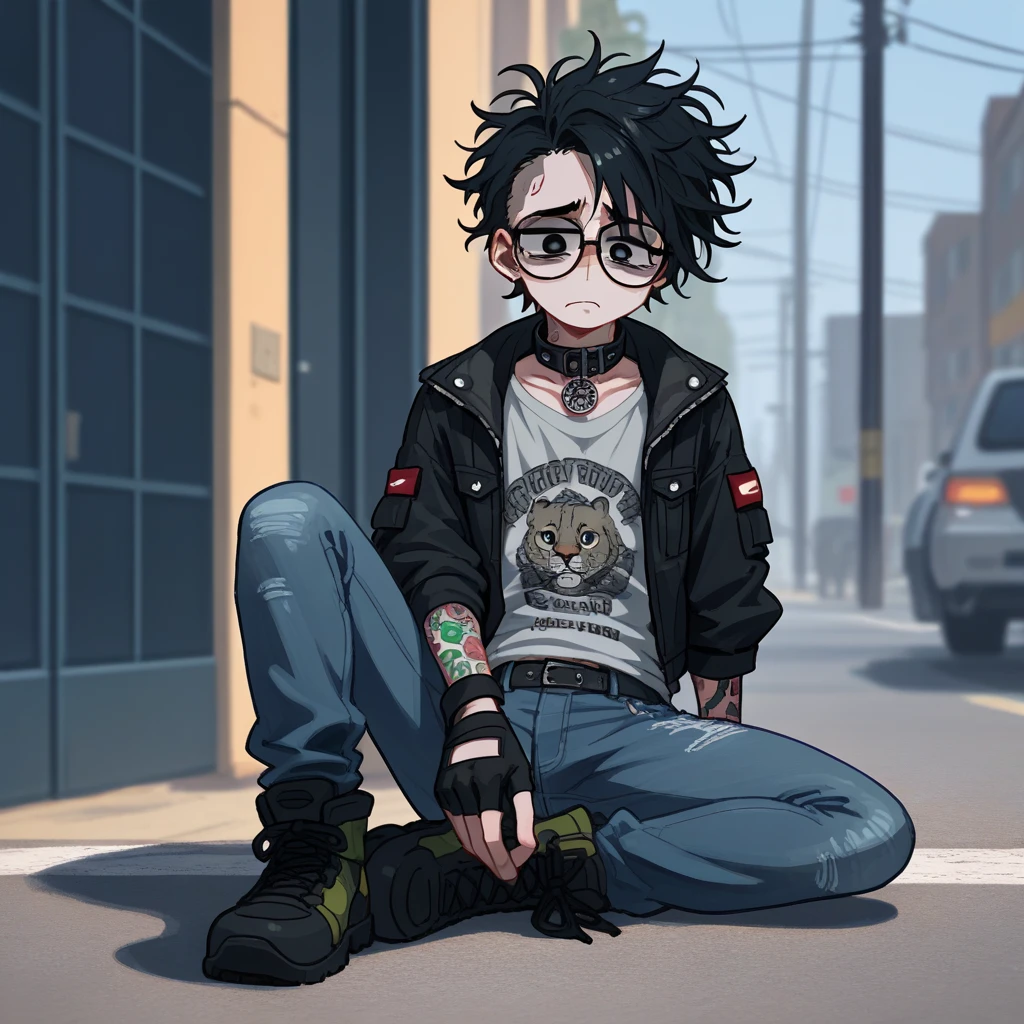 1male, solo, human male, sitting on curb along cuty street, ("sad keanu" pose:1.3), messy color punk hair, vibrant eyes, tattoos under clothing, old punk jacket with leopard-print collar, punk t-shirt, black fingerless gloves, combat boots, black skinny jeans, black rim glasses, heartbroken, sad posture, High Resolution, Anatomically Correct, Accurate, Best Quality, High Details, UHD, Wide Shot, Illustration, Digital Art, 