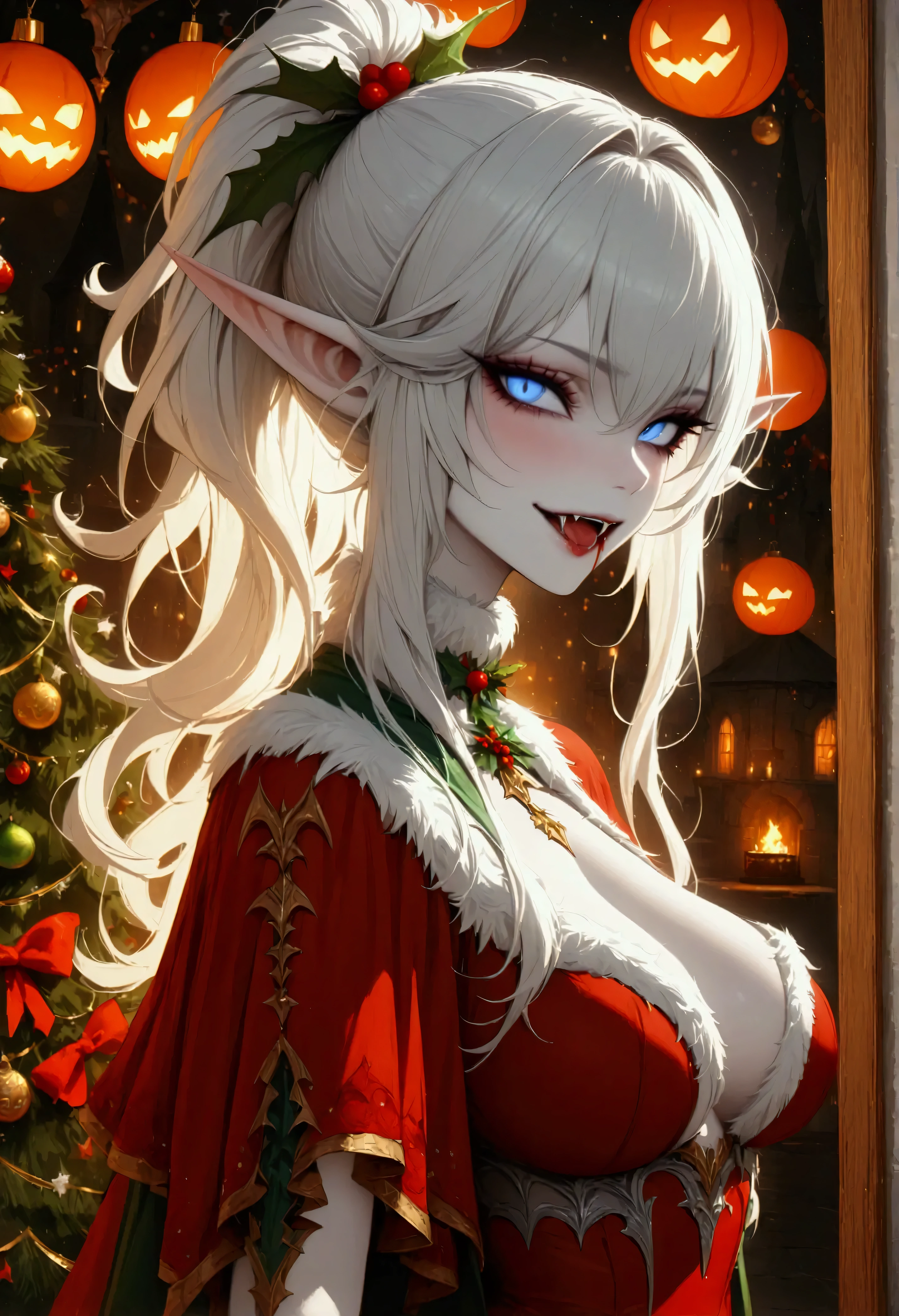 arafed a picture of elf vampire in her castle celebrating Christmas, an exquisite beautiful female elf vampire (ultra details, Masterpiece, best quality), bloody mouth, white hair, pale skin, hair in a ponytail, long hair, blond hair, blue eyes, small pointed ears, cold eyes, smirking, wearing red dress (ultra details, Masterpiece, best quality), green cloak, in fantasy library decorated for Christmas,, arafed high details, best quality, 16k, [ultra detailed], masterpiece, best quality, (ultra detailed), full body, ultra wide shot, photorealism, RAW, dark fantasy art, dark gothic art ,vampyfangs1, Cinematic Shot