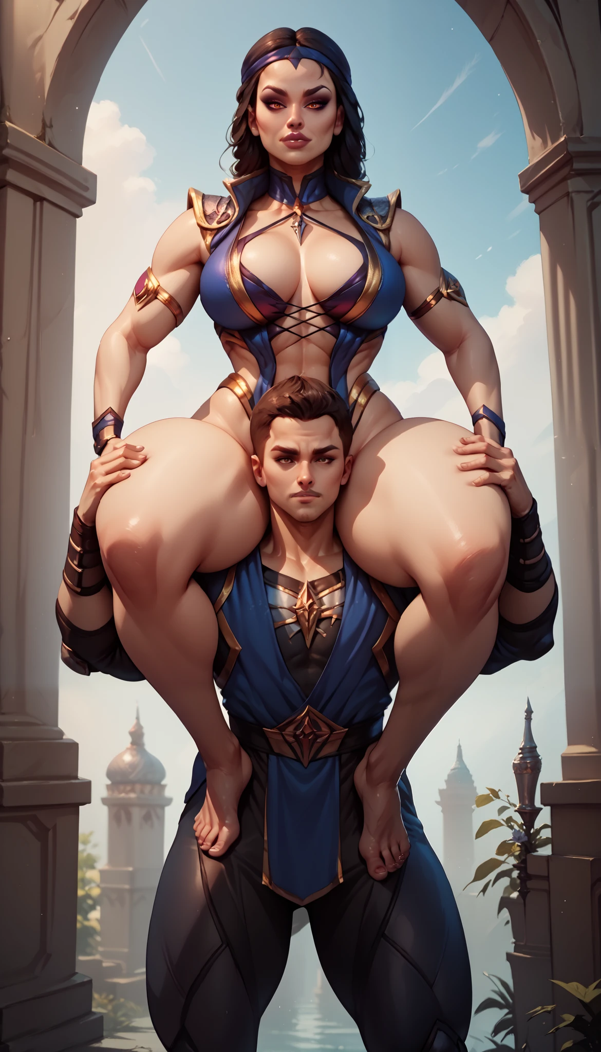 shoulder carry, portrait, piggyback, skinny boy, big beautiful woman, large breasts, long legs, thick thighs, front view, please boy is skinny, long body, mortal kombat