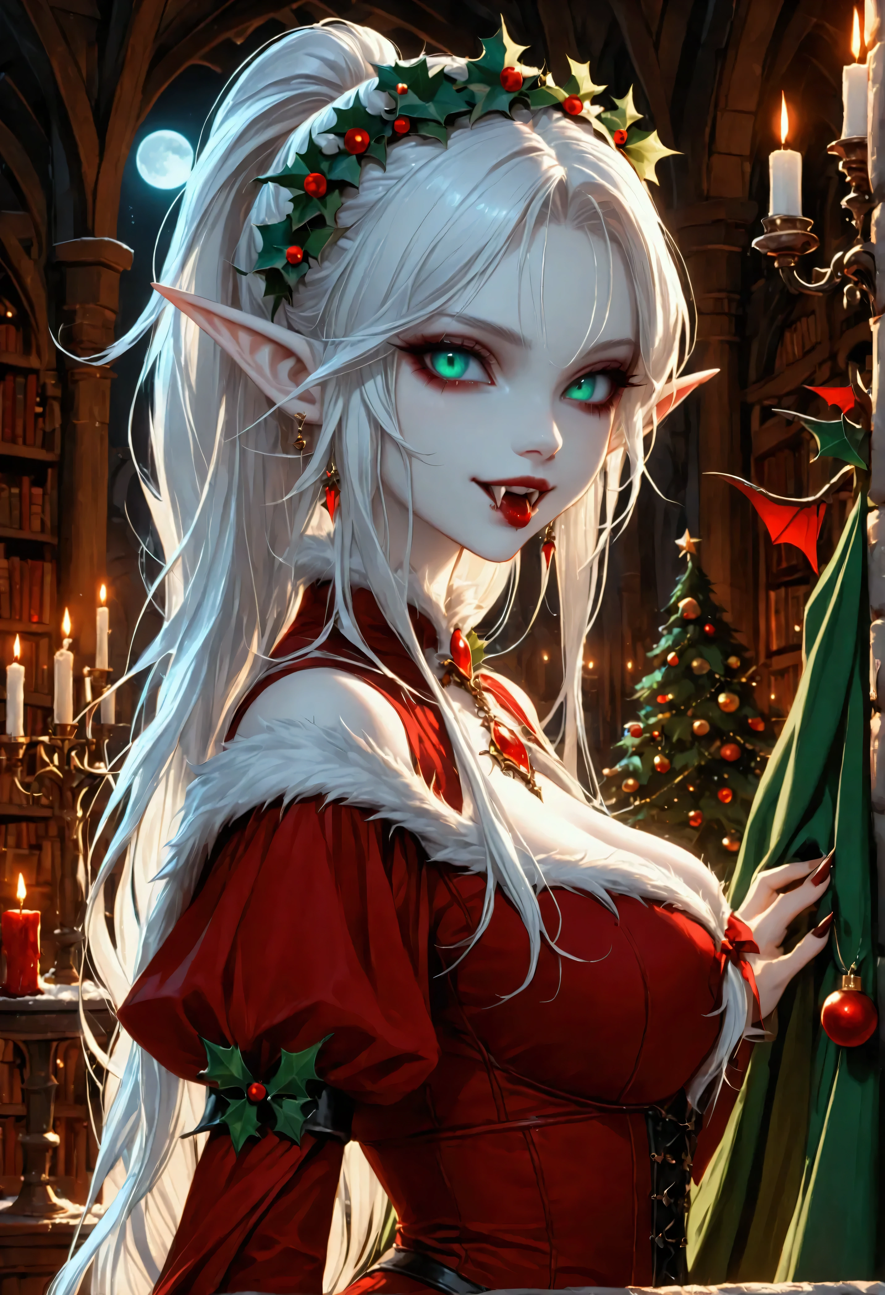 arafed a picture of elf vampire in her castle celebrating Christmas, an exquisite beautiful female elf vampire (ultra details, Masterpiece, best quality), bloody mouth, white hair, pale skin, hair in a ponytail, long hair, blond hair, blue eyes, small pointed ears, cold eyes, smirking, wearing red dress (ultra details, Masterpiece, best quality), green cloak, in fantasy library decorated for Christmas,, arafed high details, best quality, 16k, [ultra detailed], masterpiece, best quality, (ultra detailed), full body, ultra wide shot, photorealism, RAW, dark fantasy art, dark gothic art ,vampyfangs1, Cinematic Shot