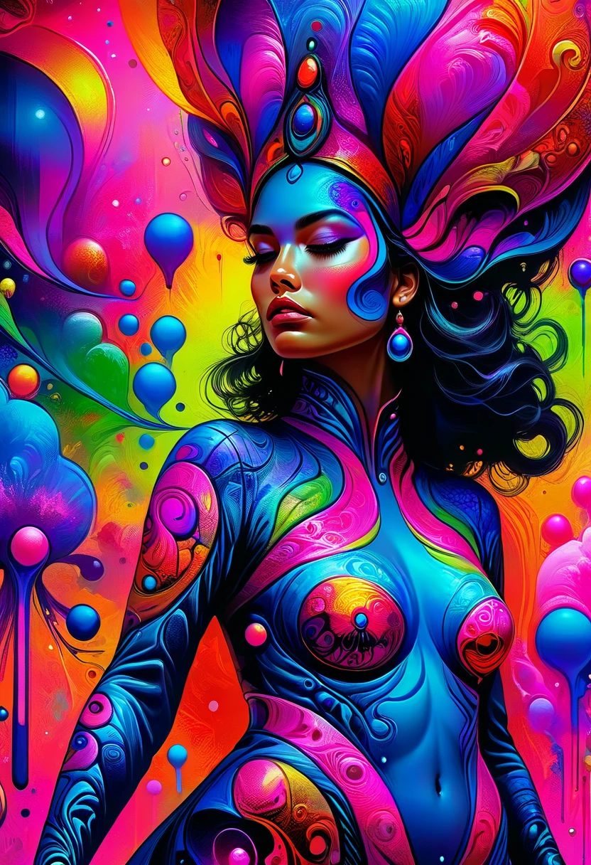 salpicos de cores，Paint splashing，Captivating psychedelic surreal neon amazing universe beautiful gorgeous women in a bright colorful neon light，Mark Reiden、daniel merriam、Bright neon colors in the style of Frank Frazetta and Boris Vallejo, 、photohyperrealistic, trippy,  ornate, beautiful, fine Detail, Intricate detail, Hyper detailed, oil painting, intricate colors,