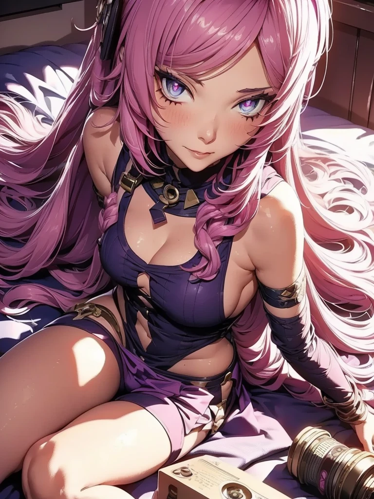 cabelo roxo, Greek goddess, sculptural body, super detailed hand, super detailed face, hyper detailed body, No defects, blue eyes, focused eyes, pretty detailed eyes, pale skin, blushed face, crown on head, long hair, slickedback hair, coiffure, expression of pleasure, fearless stance, partes do fully body, entire limbs, fully body, pink hair, gorgeous fur, high resolution, 4K, lined eyes. fully body, toned thighs, small feet, Waist slender, big-ass, Unclothed, small foot, role model, best qualityer, legs open, exposed pussy, invitation, showing pussy, Crouching position, leg wide open, Point of view, inside the bathroom, right hand on breast, left hand on thigh