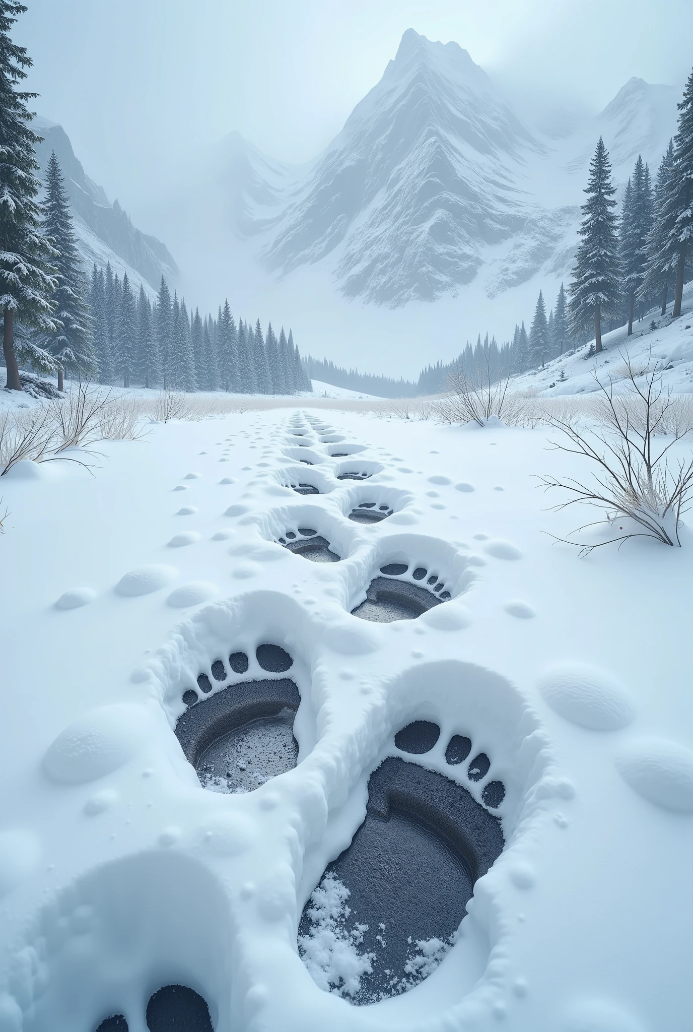 UHD, best quality,  highres icon, throw,  snowy mountains,  large Bigfoot footprints, There are only footprints , Snowstorm