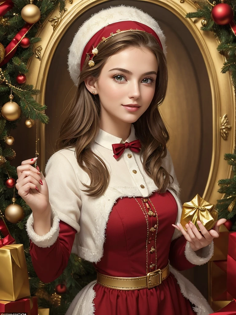 ((( masterpiece ,  high quality 16K . 32K.))),  Greeting card for St. Nicholas Day, in the image, a young beautiful 26-year-old woman is in a festive mood. 