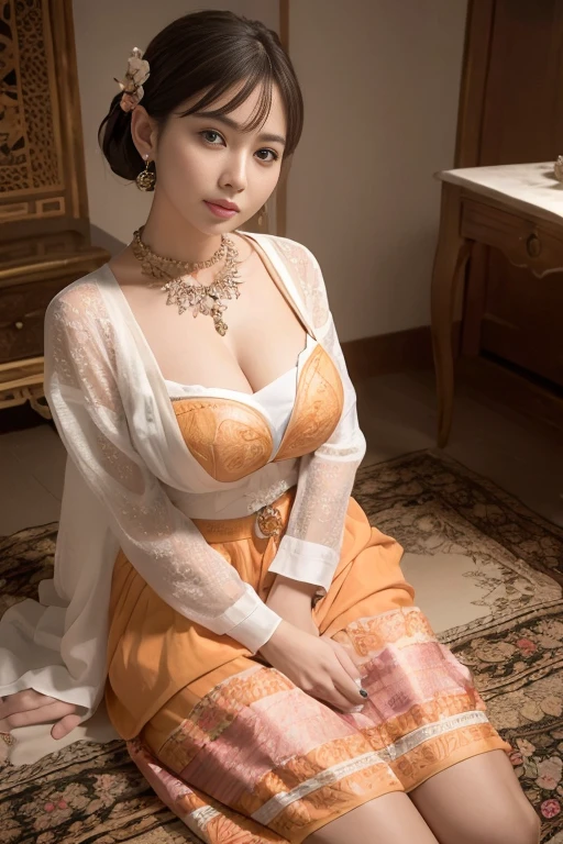 (realistic:1.3), insane detailed, quality, (masterpiece:1.2), (photorealistic:1.2), (best quality), (detailed skin:1.3), (intricate details), ray tracing, (((full body))), ((1woman)), (((1 person))), 21 years old, medium hair, smile, yellow dress, skirt with pattern, color contrast between the dress and the skirt, skirt pattern, earrings, necklace, Javanese ornament, (blurred background), ((eyes on camera)), Breast cleavage, medium breast,Against the backdrop of people walking at Yagon City Myanmar, Morning sky, natural light, Adjust the lighting to match the scene......., sharp, sharp, close up shot,