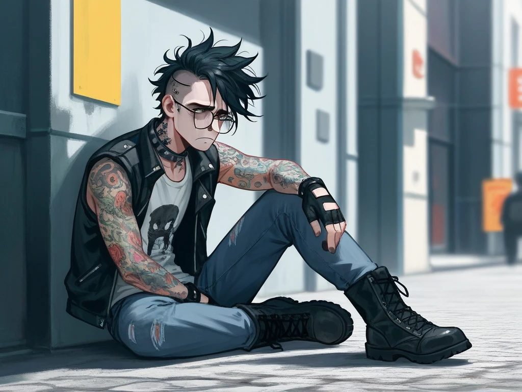 1male, solo, human adult male, sitting on curb along cuty street, ("sad keanu" pose:1.3), messy color punk hair, vibrant eyes, tattoos under clothing, old punk jacket with leopard-print collar, punk t-shirt, black fingerless gloves, combat boots, black skinny jeans, black rim glasses, heartbroken, sad posture, High Resolution, Anatomically Correct, Accurate, Best Quality, High Details, UHD, Wide Shot, Illustration, Digital Art, 