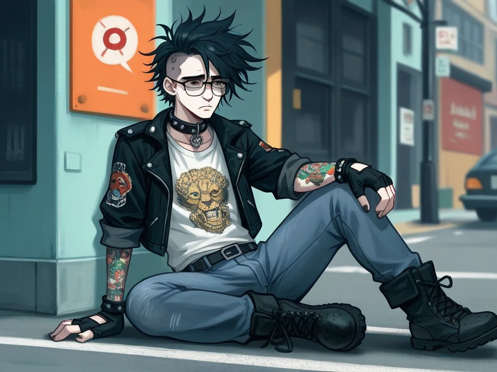 1male, solo, human adult male, sitting on curb along cuty street, ("sad keanu" pose:1.3), messy color punk hair, vibrant eyes, tattoos under clothing, old punk jacket with leopard-print collar, punk t-shirt, black fingerless gloves, combat boots, black skinny jeans, black rim glasses, heartbroken, sad posture, High Resolution, Anatomically Correct, Accurate, Best Quality, High Details, UHD, Wide Shot, Illustration, Digital Art, 