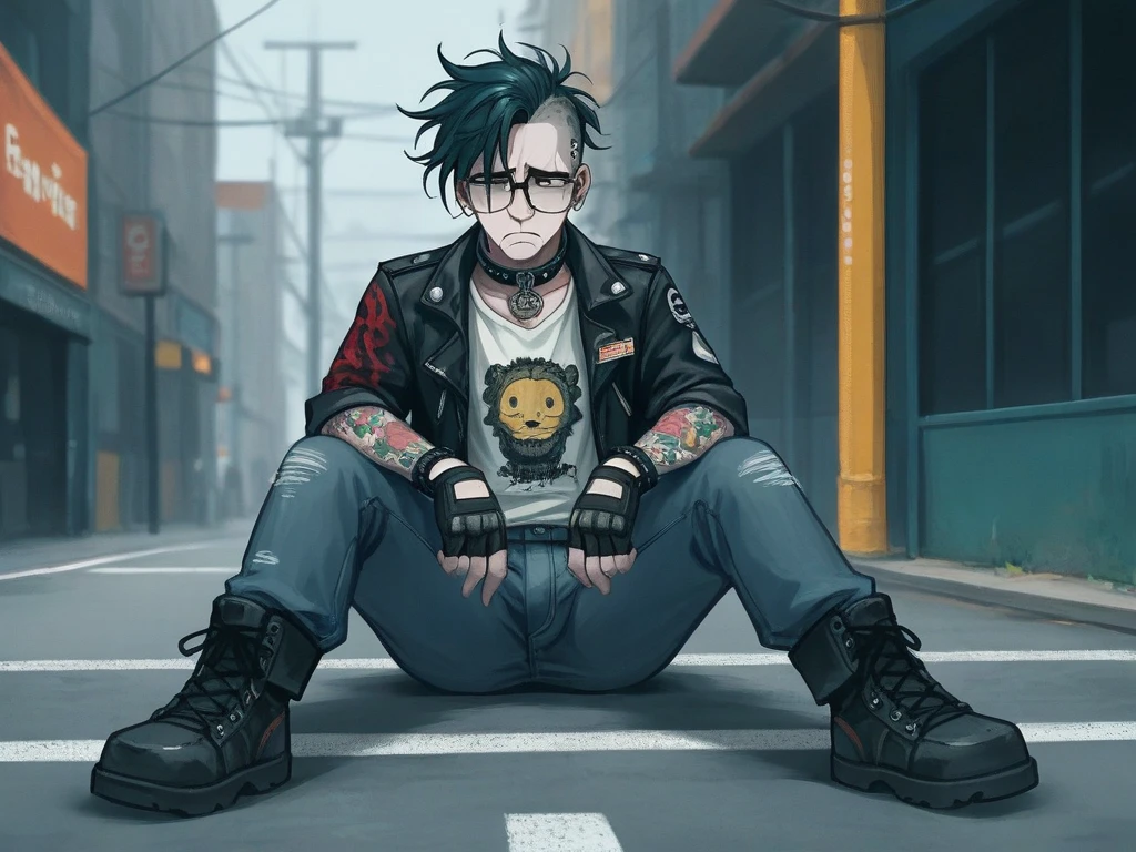 1male, solo, human adult male, sitting on curb along cuty street, ("sad keanu" pose:1.3), messy color punk hair, vibrant eyes, tattoos under clothing, old punk jacket with leopard-print collar, punk t-shirt, black fingerless gloves, combat boots, black skinny jeans, black rim glasses, heartbroken, sad posture, High Resolution, Anatomically Correct, Accurate, Best Quality, High Details, UHD, Wide Shot, Illustration, Digital Art, 