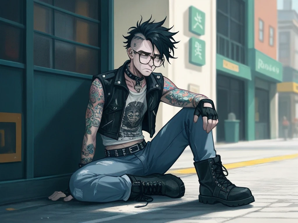 1male, solo, human adult male, sitting on curb along cuty street, ("sad keanu" pose:1.3), messy color punk hair, vibrant eyes, tattoos under clothing, old punk jacket with leopard-print collar, punk t-shirt, black fingerless gloves, combat boots, black skinny jeans, black rim glasses, heartbroken, sad posture, High Resolution, Anatomically Correct, Accurate, Best Quality, High Details, UHD, Wide Shot, Illustration, Digital Art, 