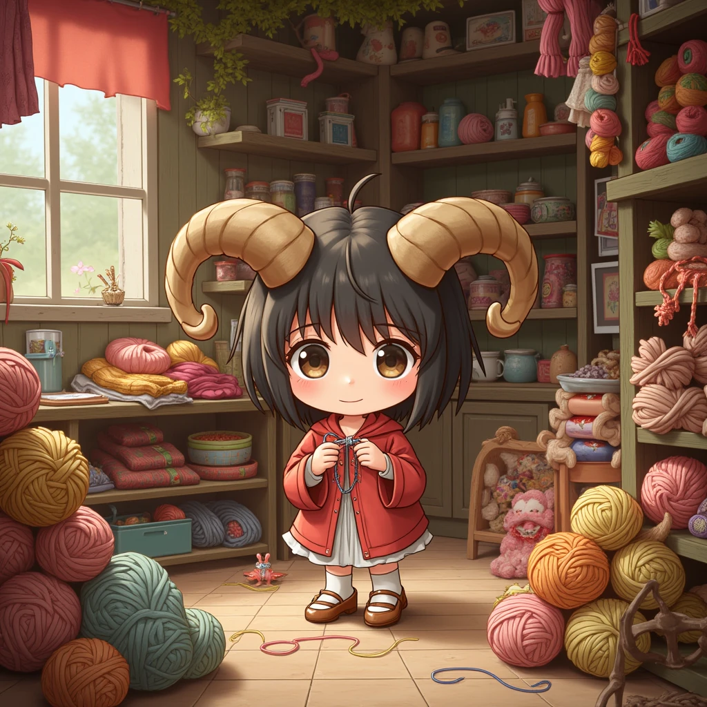 Cute chibi girl (super deformed, big head, big eyes) with ram horns ...