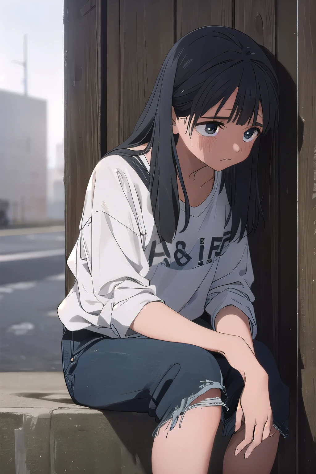 a sad homeless girl, deep black skin, tired and exhausted, livid expression, tattered clothes, leaning against a wall, sad, 1girl, realistic, photorealistic, photo-realistic:1.37, best quality,4k,8k,highres,masterpiece:1.2,ultra-detailed, dramatic lighting, muted colors, gritty, cinematic, emotional, atmospheric, dark and moody