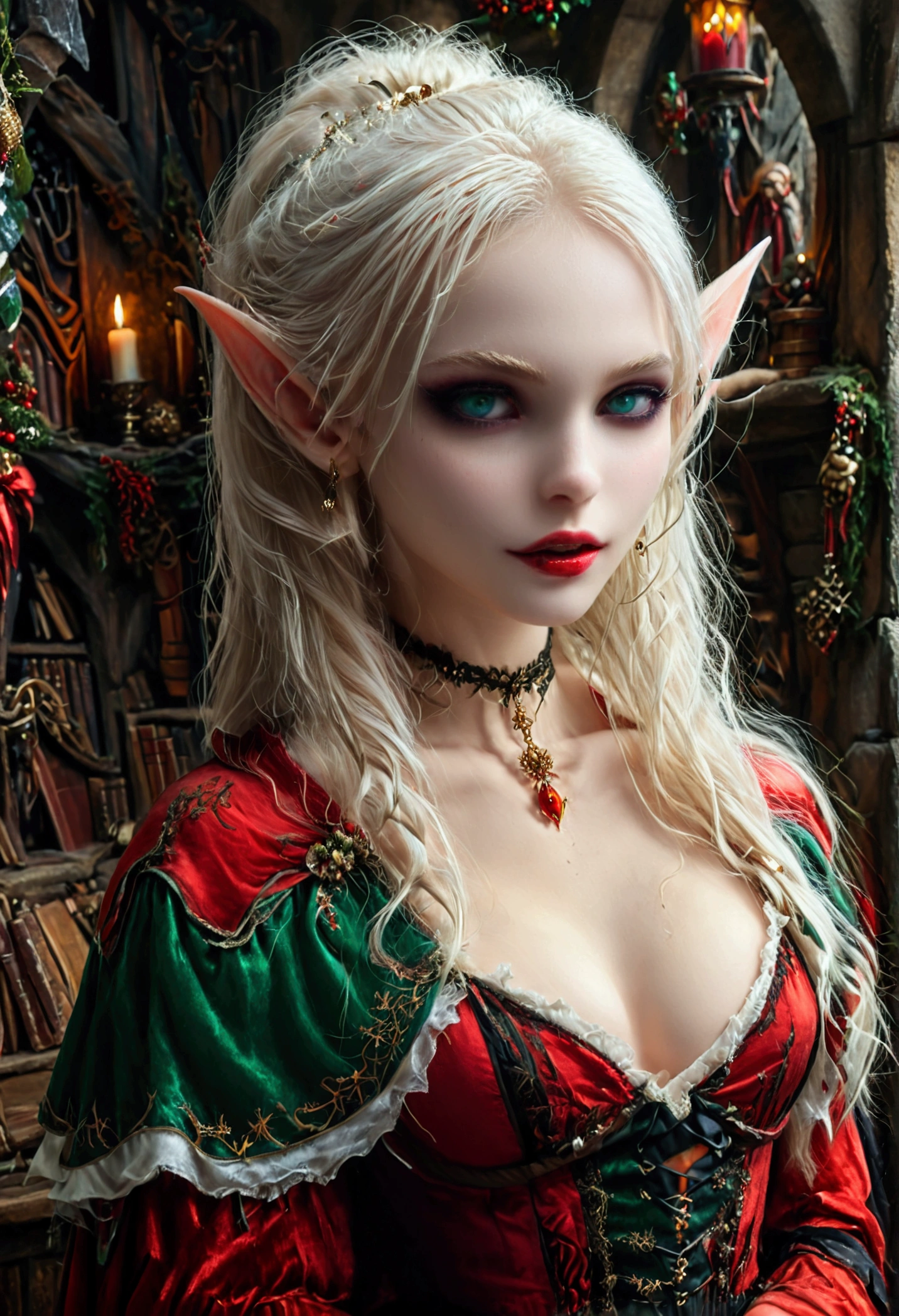 arafed a picture of elf vampire in her castle celebrating Christmas, an exquisite beautiful female elf vampire (ultra details, Masterpiece, best quality), bloody mouth, white hair, pale skin, hair in a ponytail, long hair, blond hair, blue eyes, small pointed ears, cold eyes, smirking, wearing red dress (ultra details, Masterpiece, best quality), green cloak, in fantasy library decorated for Christmas,, arafed high details, best quality, 16k, [ultra detailed], masterpiece, best quality, (ultra detailed), full body, ultra wide shot, photorealism, RAW, dark fantasy art, dark gothic art ,vampyfangs1, Cinematic Shot