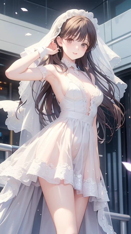 Best Quality, masutepiece, Portrait, , 1girl in, Kotegawa Yui, Black hair, Long hair, Long bangs, Brown eyes, medium udder, ((chies)), Looking at Viewer, embarassed expression,Photo from below、((weddingdress))、((pantyhose))、((Show panties))、