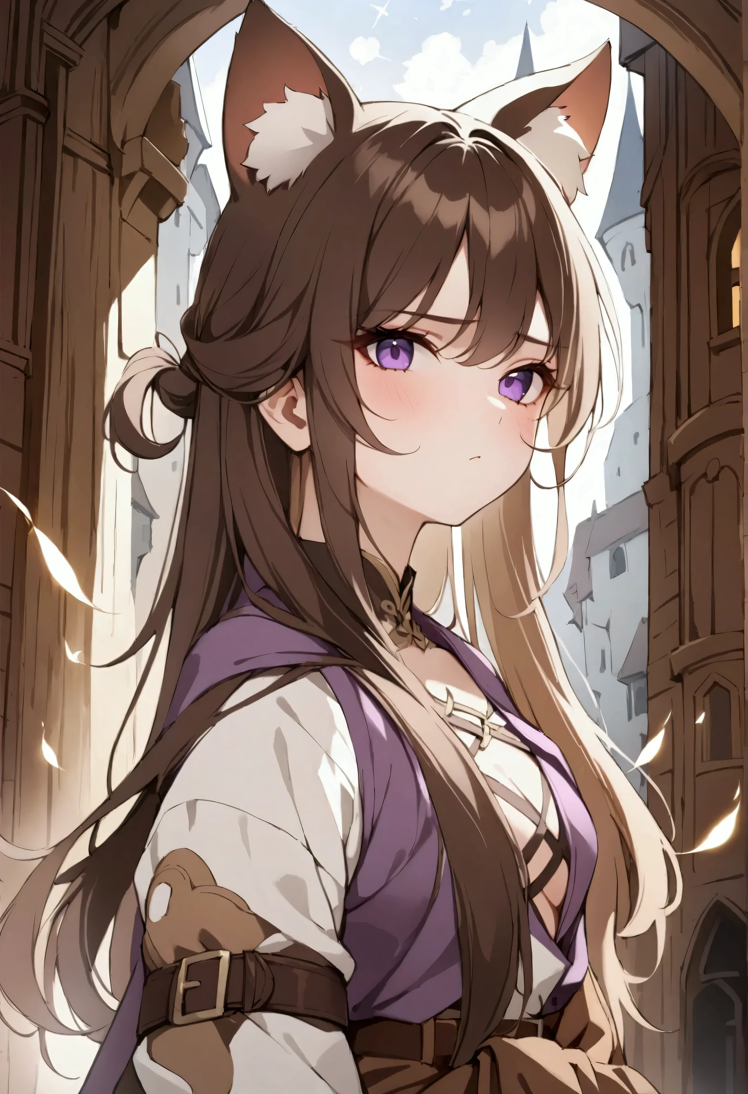 (1girl, Masterpiece, best quality, beautiful) A young cat-woman female with (long length brown hair). brown cat ears with white fur. Neutral, sligthly serious expression. medieval-style fancy ON colors dark brown, white and purple outfit. She has purple eyes. She has a brown belt cinched around her waist. She wears brown pants. 
