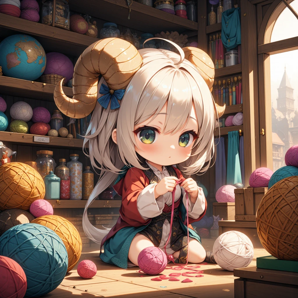 Cute chibi girl (super deformed, big head, big eyes) with ram horns, knitting, working at a craft store and busy with orders, surrounded by mountains of materials, This is cute fantasy art that looks like a fairy tale picture book, ultra detailed, absolutely resolution, masterpiece