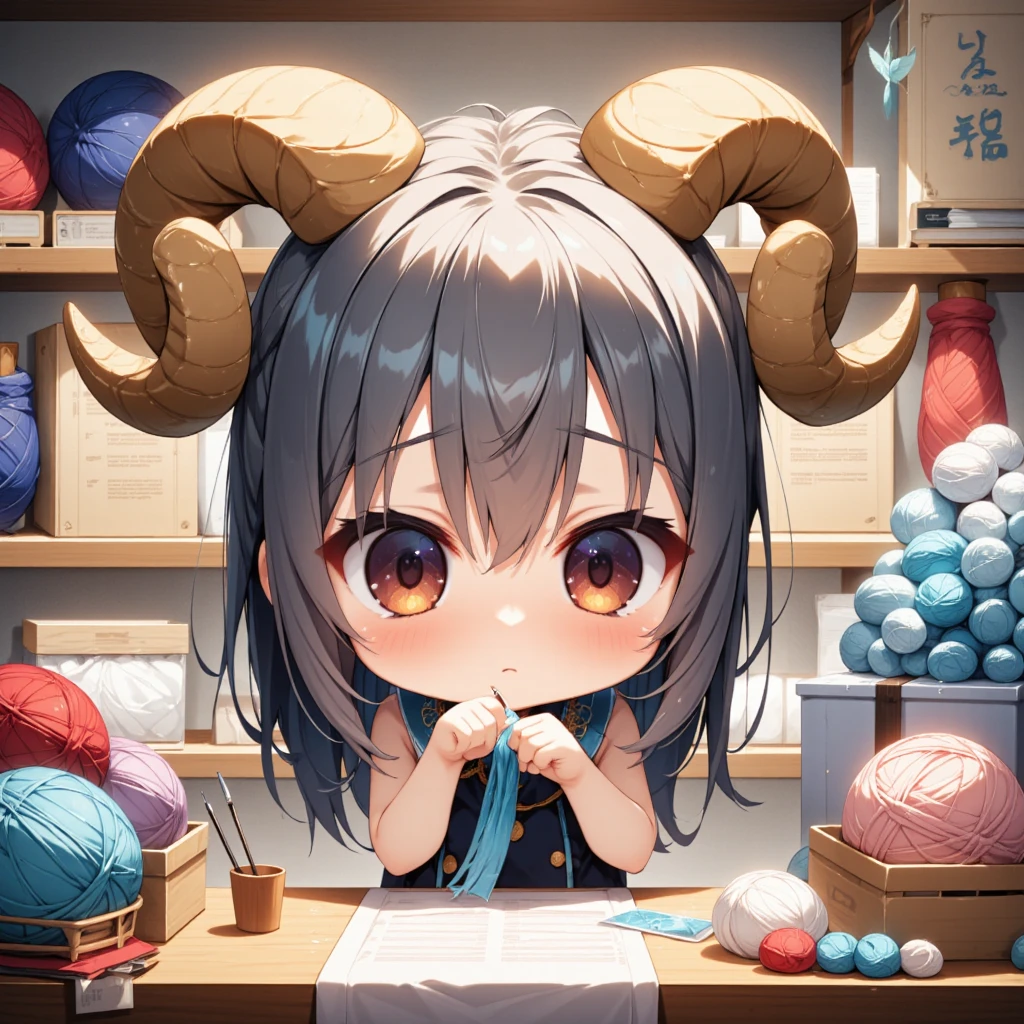 Cute chibi girl (super deformed, big head, big eyes) with ram horns, knitting, working at a craft store and busy with orders, surrounded by mountains of materials, This is cute fantasy art that looks like a fairy tale picture book, ultra detailed, absolutely resolution, masterpiece