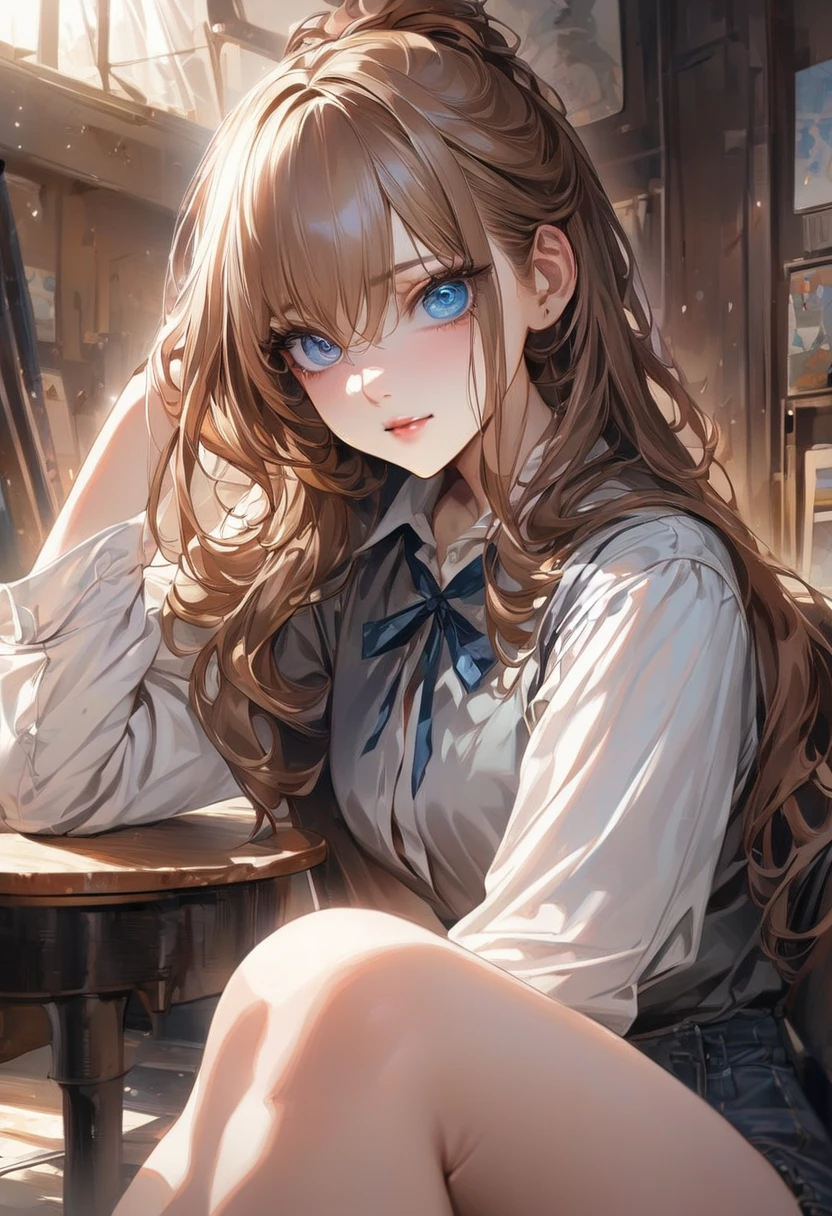 (Realistic painting style:0.9), ( painting style:0.9), (best quality), absurdres, looking at viewer, no pupils, (detailed eyes), alternate costume,(masterpiece), expressive eyes, perfect face, 1girl JK, score_9, score_8_up, score_7_up, score_6_up, source_anime, 1girl, solo, 