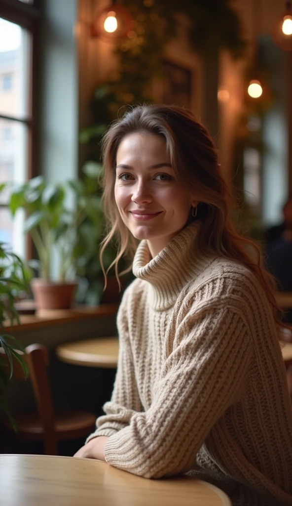 Bohemian spirit, woman with braided auburn hair, reflective mood, patterned scarf, rustic coffee shop, warm wooden interiors, golden hour lighting.