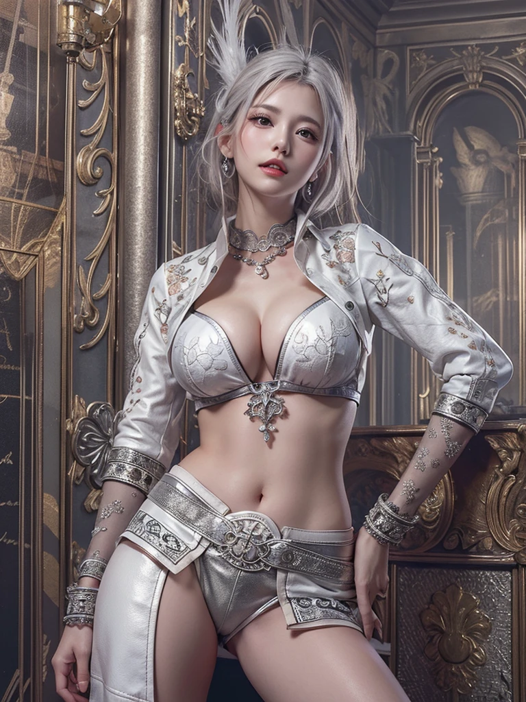 (Realistic:1.8), (Digital art:0.2), (Geometric art:1.7),(agpi official art, beautiful and aesthetic, ultra detailed, beautiful, masterpiece, best quality:1.6), (1girl:1.2), Detailed face, Detailed eyes, Detailed hair, young fingers, Detailed fingers, five fingers, BREAK cute ig model, Japanese cute model, 22 years old, Tightened all body, small head, small face, small mouth, diamond Face, small nose, Sharp Faceline, (dropy eyes, Double eyelid, Light color eyes, Glossy eyes, Shiny eyes:1.2), Shiny skin, shiny hair, (gray hair:1.2),
_
BREAK (happy, smile, Teeth, Glossy Lip:1.2),beautiful Teeth, (all body:1.5), focus Sneaker,
_
BREAK (geometrical pattern:1.3), (layered black micro-bikini over a white micro-bikini:1.4),(Detailed swimsuit:1.2) (black:1.2, White:0.8),
BREAK (high-tech boots-inspired sneakers:1.2),
BREAK (Simple silver accessories:1.2), (Simple large silver earrings:1.2), (Simple silver bracelet:1.2), (Simple silver anklet:1.2),
BREAK (standing and Hands on Hips:1.3),
BREAK (futuristic white background:1.2),