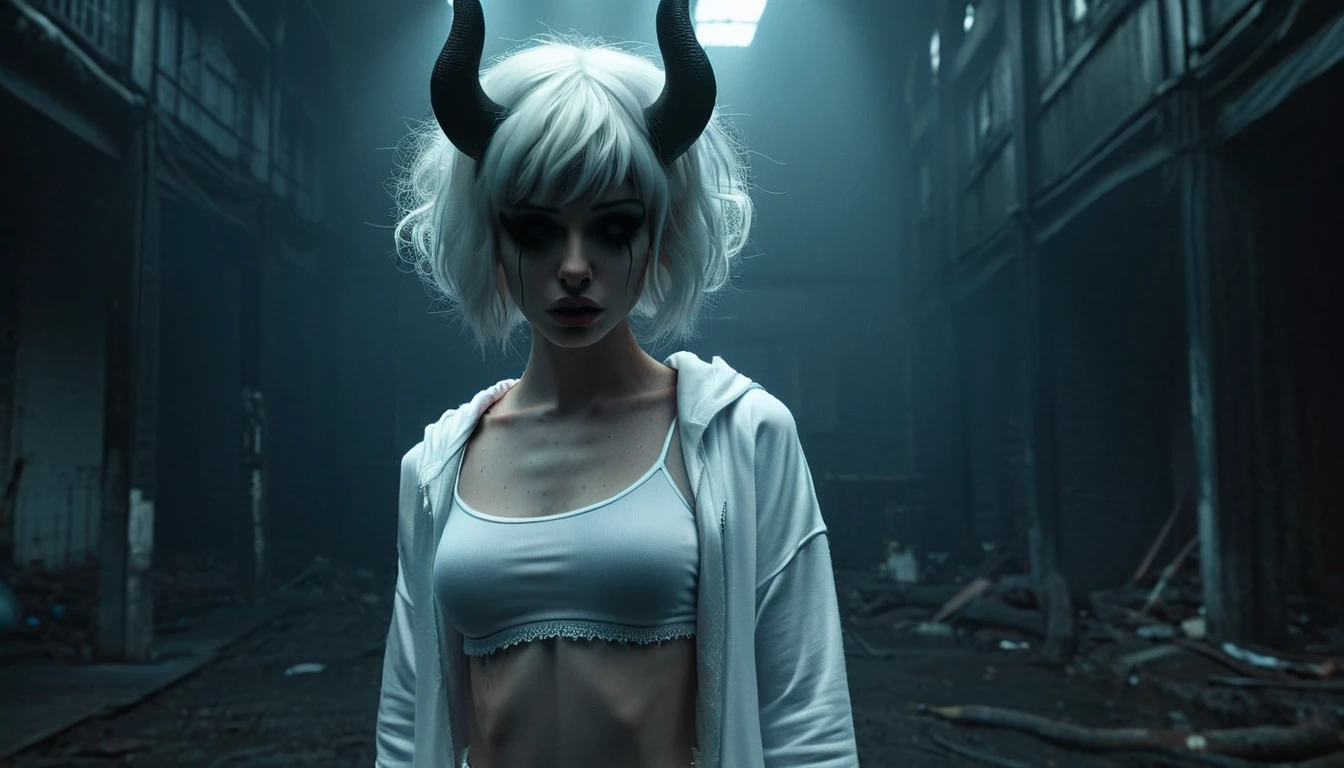 (Best Quality,hight resolution,Masterpiece, full body view:1.2),Ultra-detailed,demon woman with horns,dressed in black hoodie and white panties,sickly,standing in a horror sci fi scenario,horror sci fi aesthetic,gloomy ecstasy,fetish,dark gloomy atmosphere,gritty texture,Retro-atmosphere,warped reality,melancholic expression on his face,mysterious aura,foggy atmosphere,foggy background,Subtle color palette,provocative pose,Strong emotions,Coming Out of the Depths of Despair,Piercing gaze,intense shadows,Plunged in Darkness,dark industrial aesthetic,ominous vibe,A supernatural sensation,Loss of Place in Time and Space,Eerie silence.asymmetrical bangs, freckles, white short hair, Bangs, freckles, gray eyes,