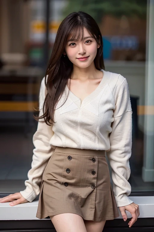 (Masterpiece,  best quality, Perfect Anatomy,  highres icon, 8k, realistic, photo realistic, natural skin texture, no makeup:1.2), Japanese girl stopping in front of a shop window, age20, (very cute:1.2), shy smile, (large breasts and perfect style:1.2), (mini skirt:1.7), I'm wearing earth-colored long-sleeved clothes, wrapping a scarf around her neck, winter,  (looking at viewer:1.5), side shot, cowboy shot, (natural lighting), erogao , jp idol, tanukigao