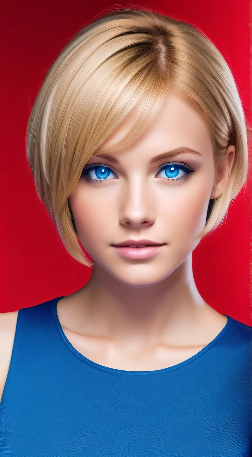  with blue eyes , In a red top, no background, medium height blonde, The face is straight,  Short Hair ,
