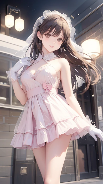Young girl with delicate features, thin but cute face, light white skin with a slight blush, glowing light blue eyes, soft pink lips, long, slightly wavy brown hair with pink highlights, wearing a heroine outfit consisting of a white leotard with cute and delicate details in ruffles and lace and the sleeves cover the entire arm, on the hips in the back there are ruffles that imitate a white skirt and on the feet are white boots that go up to the knees and have crystal details. She is on top of a building during a dark night. 