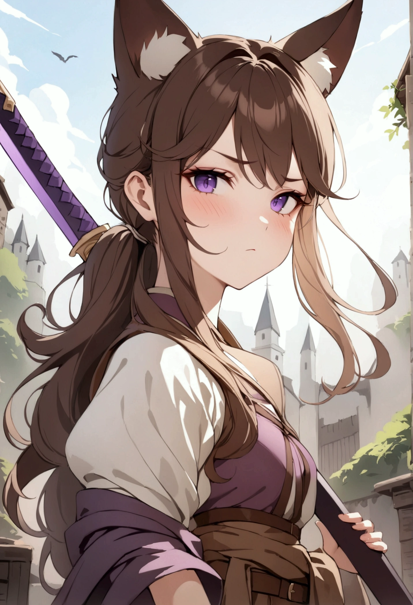 (1girl, Masterpiece, best quality, beautiful) A young cat-woman female with (long length brown hair). brown cat ears with white fur. Neutral, sligthly serious expression. medieval-style fancy ON colors dark brown, white and purple outfit. She has purple eyes. She has a brown belt cinched around her waist. She wears brown pants. (holding purple sword)
