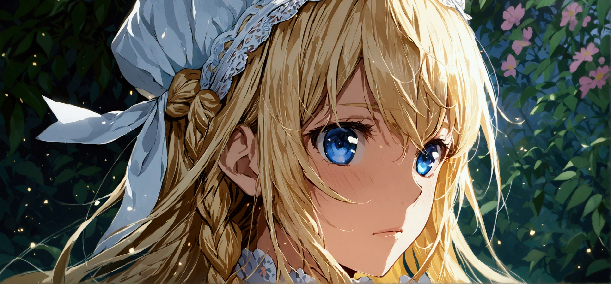  top quality、 very detailed、 high resolution illustration 、 Ultra-high-definition CG 、８k size wallpaper、 Production Art 、 light novel illustration 、  Alice Zooberg, bangs,  blue eyes,  blonde hair ,  hair between eyes ,  Very Long Hair ,  braided ,  headband, white  headband,