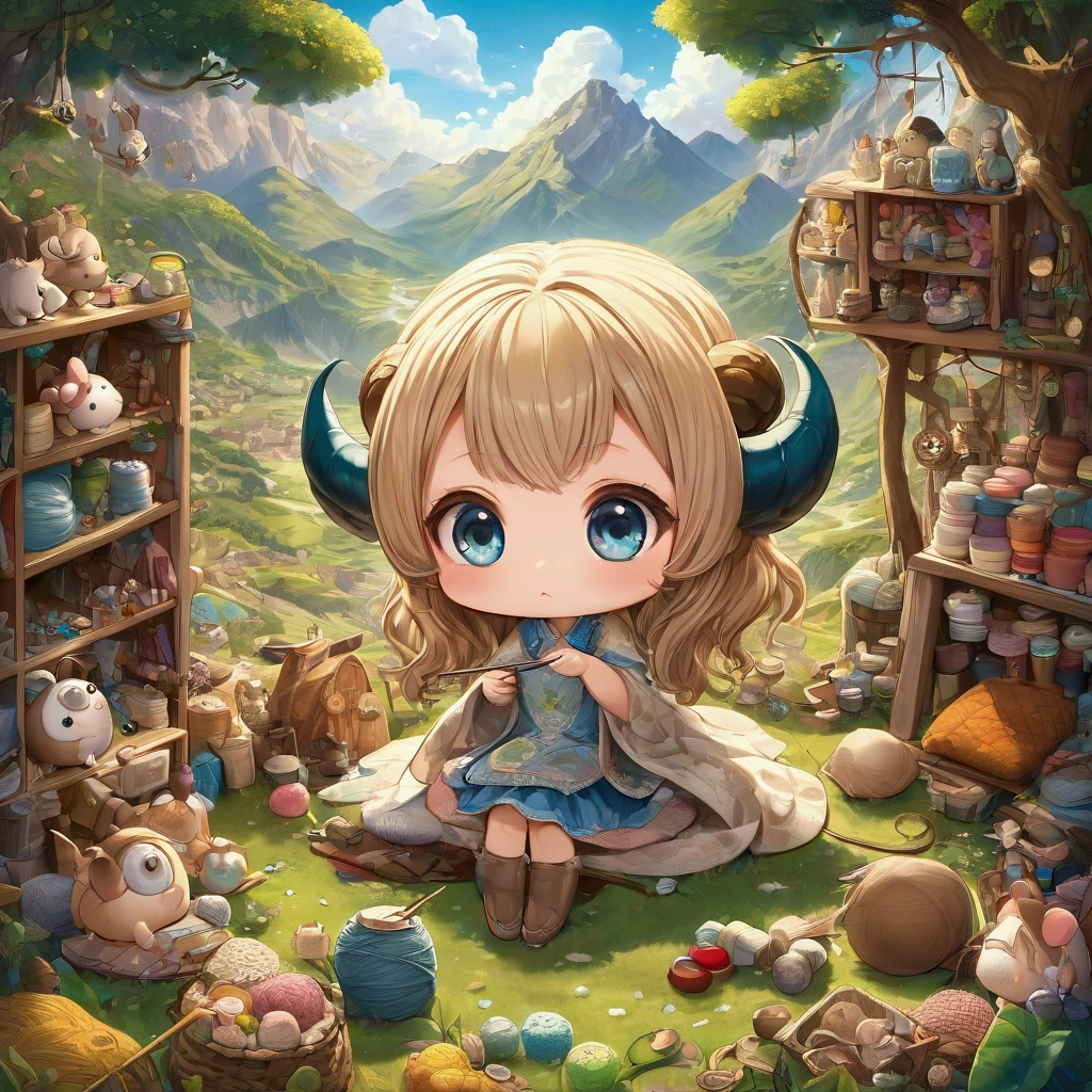 Cute chibi girl (super deformed, big head, big eyes) with ram horns, knitting, working at a craft store and busy with orders, surrounded by mountains of materials, This is cute fantasy art that looks like a fairy tale picture book, ultra detailed, absolutely resolution, masterpiece