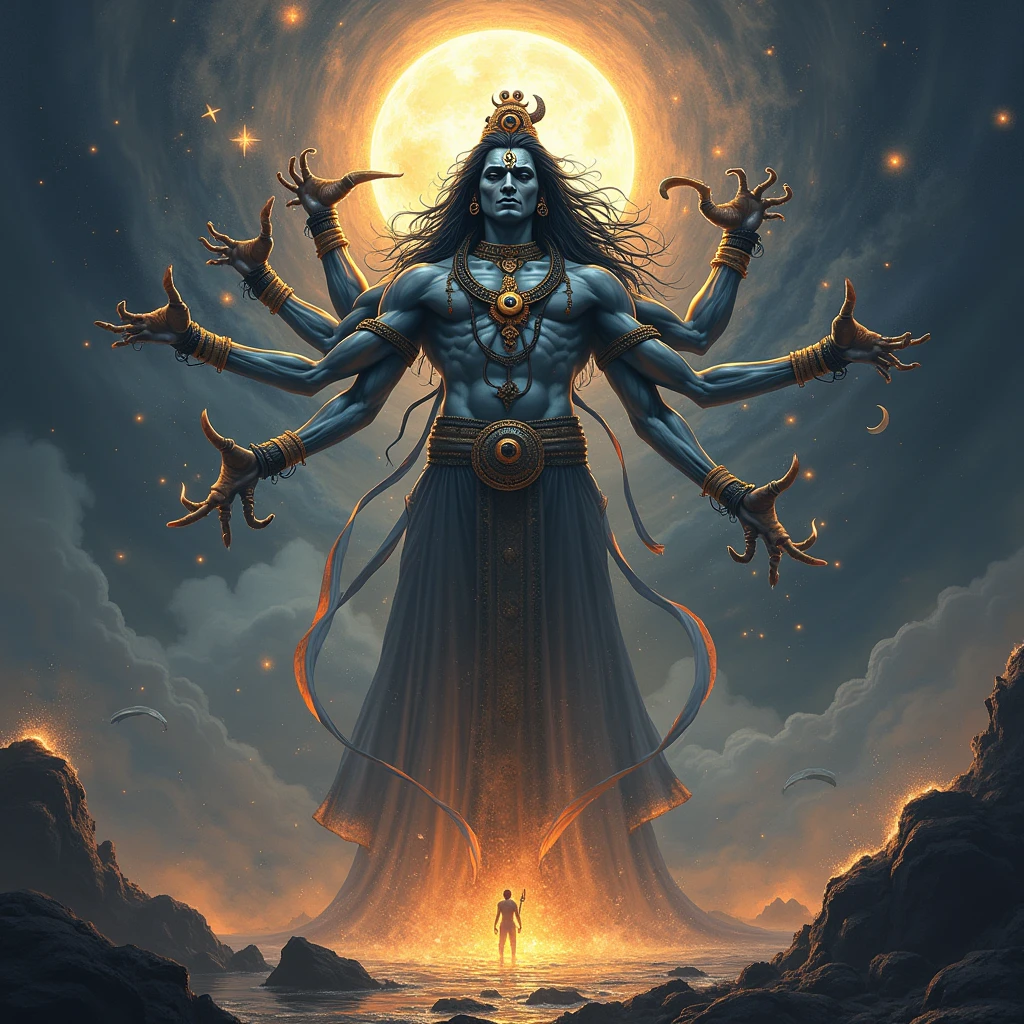 Shankar Bhagwan's length from earth to interior is 10 hands, Trishul in one hand, Earth in one hand, Mangal planet in one hand, Surya Dev in other hand, Shankar Bhagwan taking out a huge snake from his neck, Shankar Bhagwan's third eye is open, Vishnu Bhagwan standing on Sheshnag and shining, touching his lap, Brahma Ji sitting on lotus flower, saluting Shankar Bhagwan with folded hands, 10000 gods standing touching the lap of Shankar Bhagwan