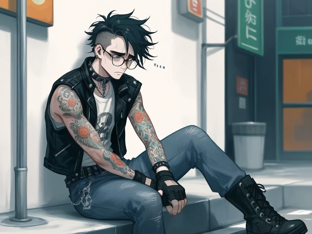 1male, solo, human adult male, sitting on curb along cuty street, ("sad keanu" pose:1.3), messy color punk hair, beautifully detailed eyes, tattoos under clothing, old punk jacket with leopard-print collar, punk t-shirt, black fingerless gloves, combat boots, black skinny jeans, black rim glasses, heartbroken, sad posture, High Resolution, Anatomically Correct, Accurate, Best Quality, High Details, UHD, Wide Shot, Illustration, Digital Art, 