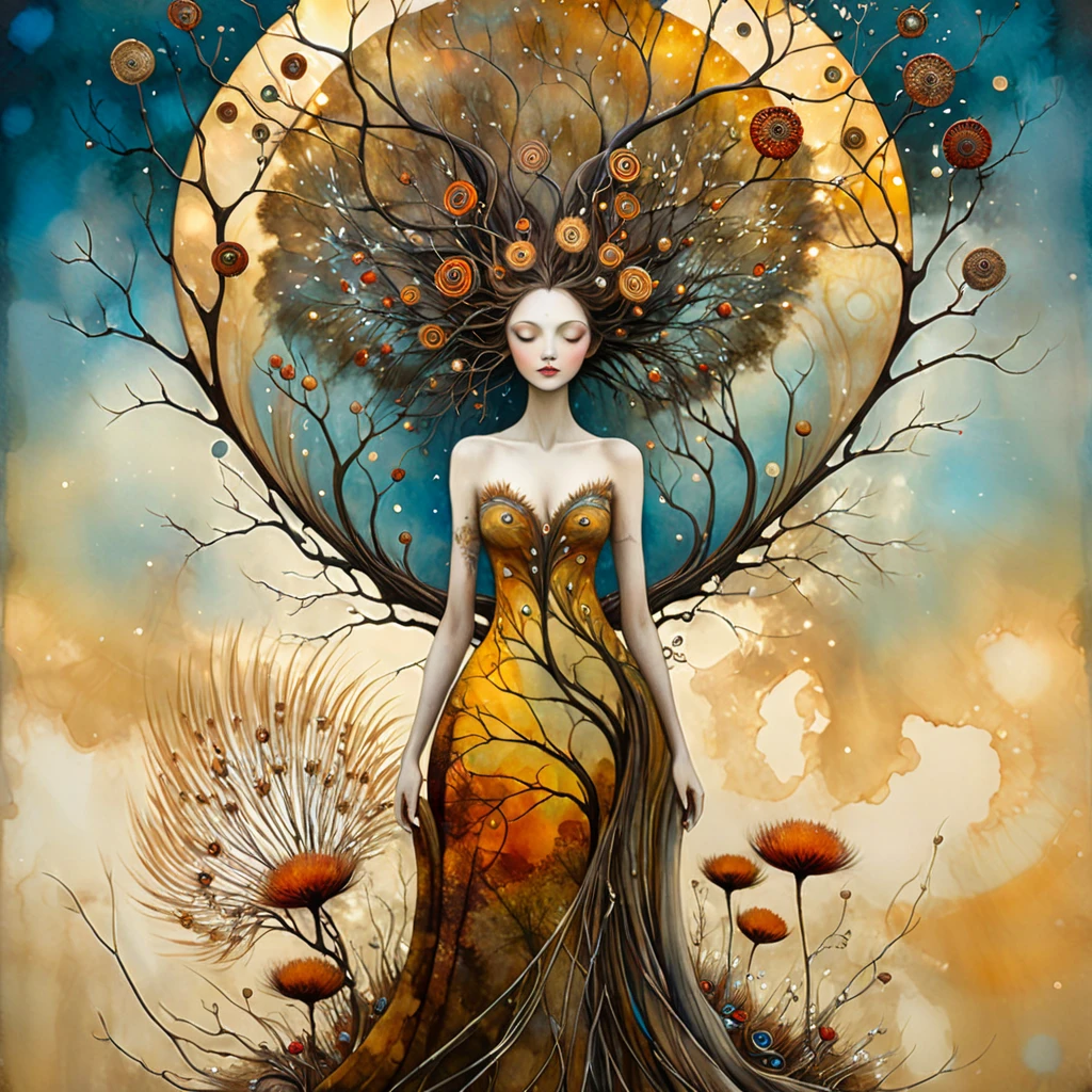 oil and acrylic painting, stained leaves and ink. In the style of Andy Kehoe and Tracy Grimwood, Catrin Welz-Stein, Klimt. yggdrasill tree is  a woman (beautiful bare breasts esoteric tattoos), transparent dress on a tuff promontory opalecent with abstract digeometries background . The tree's trunk is twisted, cracked, its branches are of transparent blown glass expanding toward the sky in ellipses , its large roots are of rusty metal and sink into the ground. Dandelion flowers, poppies, pampas grass, cherry blossoms, dried flowers bloom. Sun disc-shaped polychrome buds with marbled spirals, sun rays like strands of coral, vitrified ambe. Warm colors, ochre yellows, browns, shades of blue, reds .
