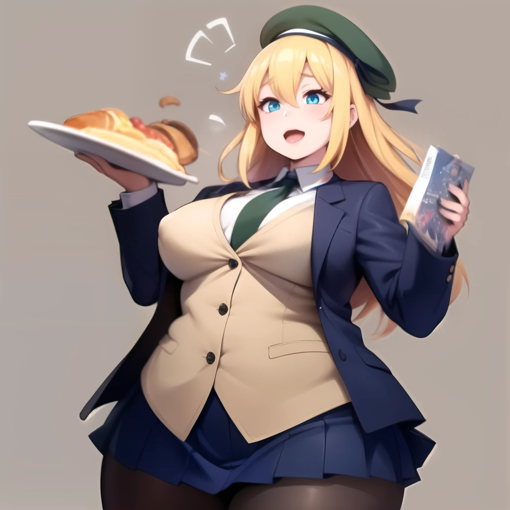 (masterpiece, best quality:1.2),illustration,8k,hd,1girl,solo,cowboy shot,large breasts,long hair,fringe,blue eyes,blonde hair,hair between eyes,green eyes,pleated skirt,open jacket,miniskirt,shirt,necktie,black pantyhose,beret,chubby, eating croissant