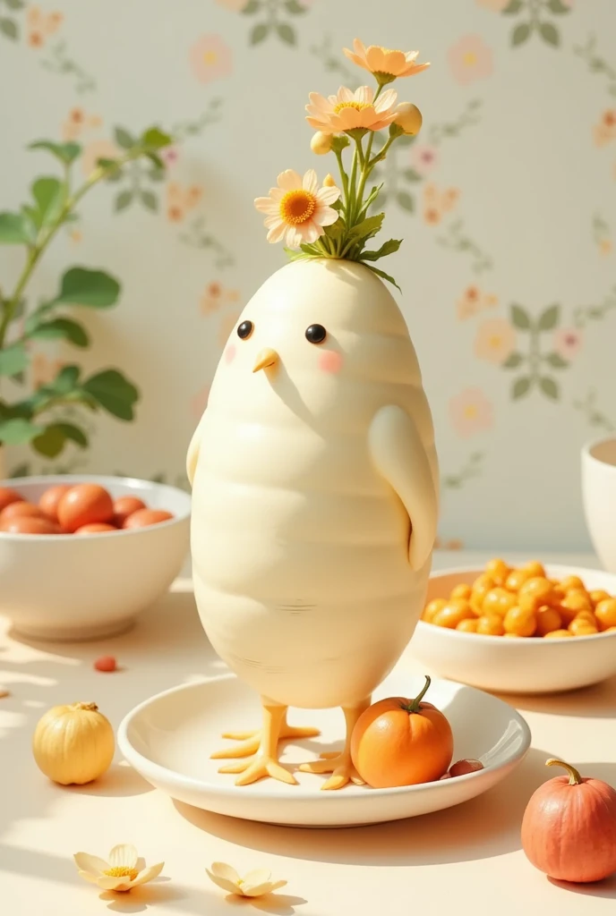 Turkey, Turkeyのふりをした大根,  daikon pretending to be turkey on a plate , cute, table, 温かいtable風景,  pastel color , wallpaper