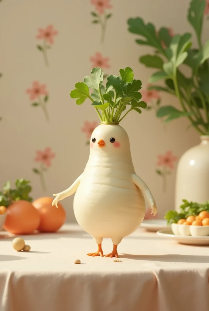 Turkey, Turkeyのふりをした大根,  daikon pretending to be turkey on a plate , cute, table, 温かいtable風景,  pastel color , wallpaper