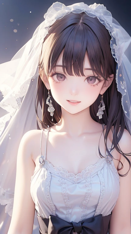 Loli anime girl in white clothes, Delicate skin, Medium breasts, black hair, Very detailed, 8K high-detail face, Perfect face shape, Perfect lips, Perfect nose, Correct beautiful eyes, Watch the audience, masterpiece, best quality, single girl, very good, alone
