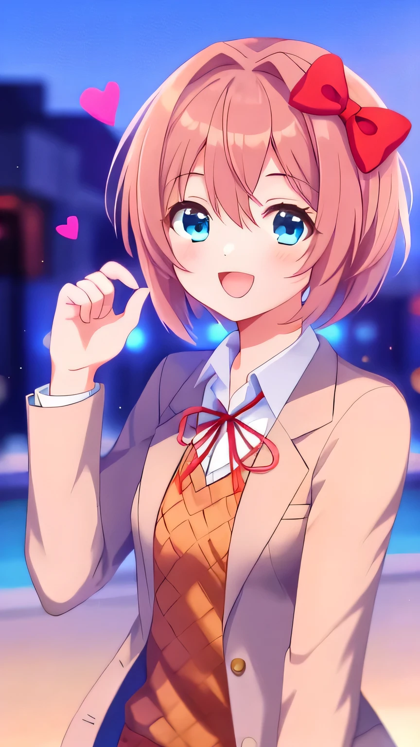 masterpiece 、 higher quality 、 High resolution Uma garota, Sayori, DDLC, DOKI DOKI LITERATURE CLUB, Hair bow,  short hair, happy, school blazer, positive girl  ,  light blue eyes, , fascinating,, My girlfriend, Date of her  ,  heart marks , background azul
