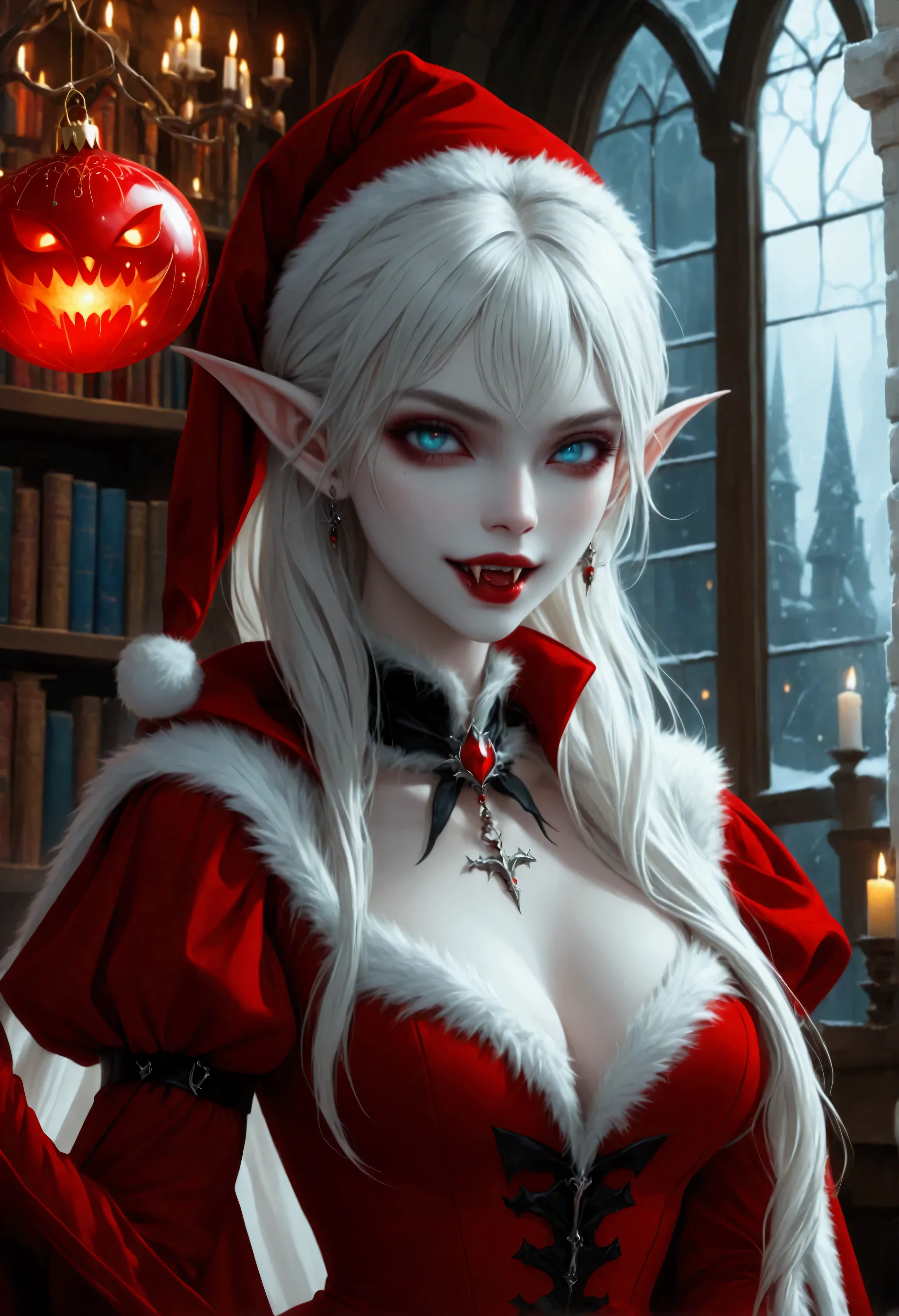 arafed a picture of elf vampire in her castle celebrating Christmas, an exquisite beautiful female elf vampire (ultra details, Masterpiece, best quality), bloody mouth, white hair, pale skin, hair in a ponytail, long hair, blond hair, blue eyes, small pointed ears, cold eyes, smirking, wearing red dress (ultra details, Masterpiece, best quality), green cloak, in fantasy library decorated for Christmas,, arafed high details, best quality, 16k, [ultra detailed], masterpiece, best quality, (ultra detailed), full body, ultra wide shot, photorealism, RAW, dark fantasy art, dark gothic art ,vampyfangs1, Cinematic Shot