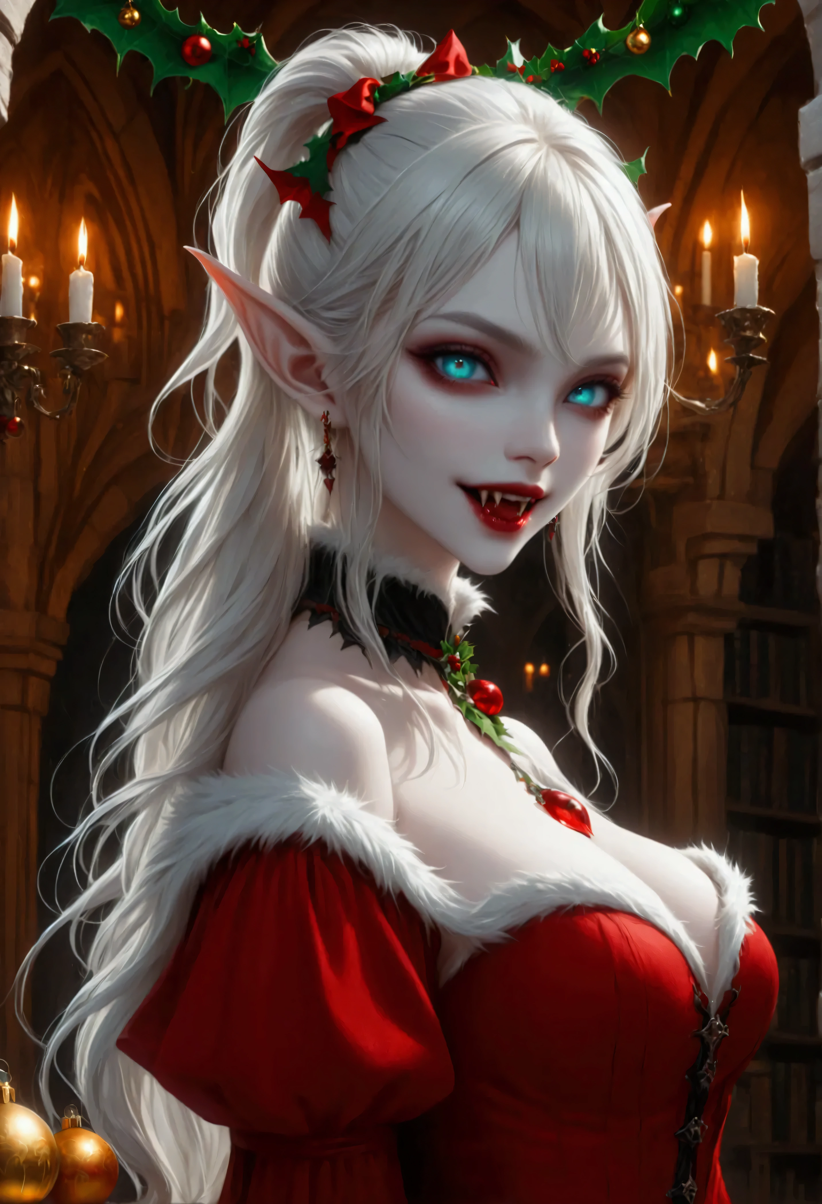 arafed a picture of elf vampire in her castle celebrating Christmas, an exquisite beautiful female elf vampire (ultra details, Masterpiece, best quality), bloody mouth, white hair, pale skin, hair in a ponytail, long hair, blond hair, blue eyes, small pointed ears, cold eyes, smirking, wearing red dress (ultra details, Masterpiece, best quality), green cloak, in fantasy library decorated for Christmas,, arafed high details, best quality, 16k, [ultra detailed], masterpiece, best quality, (ultra detailed), full body, ultra wide shot, photorealism, RAW, dark fantasy art, dark gothic art ,vampyfangs1, Cinematic Shot