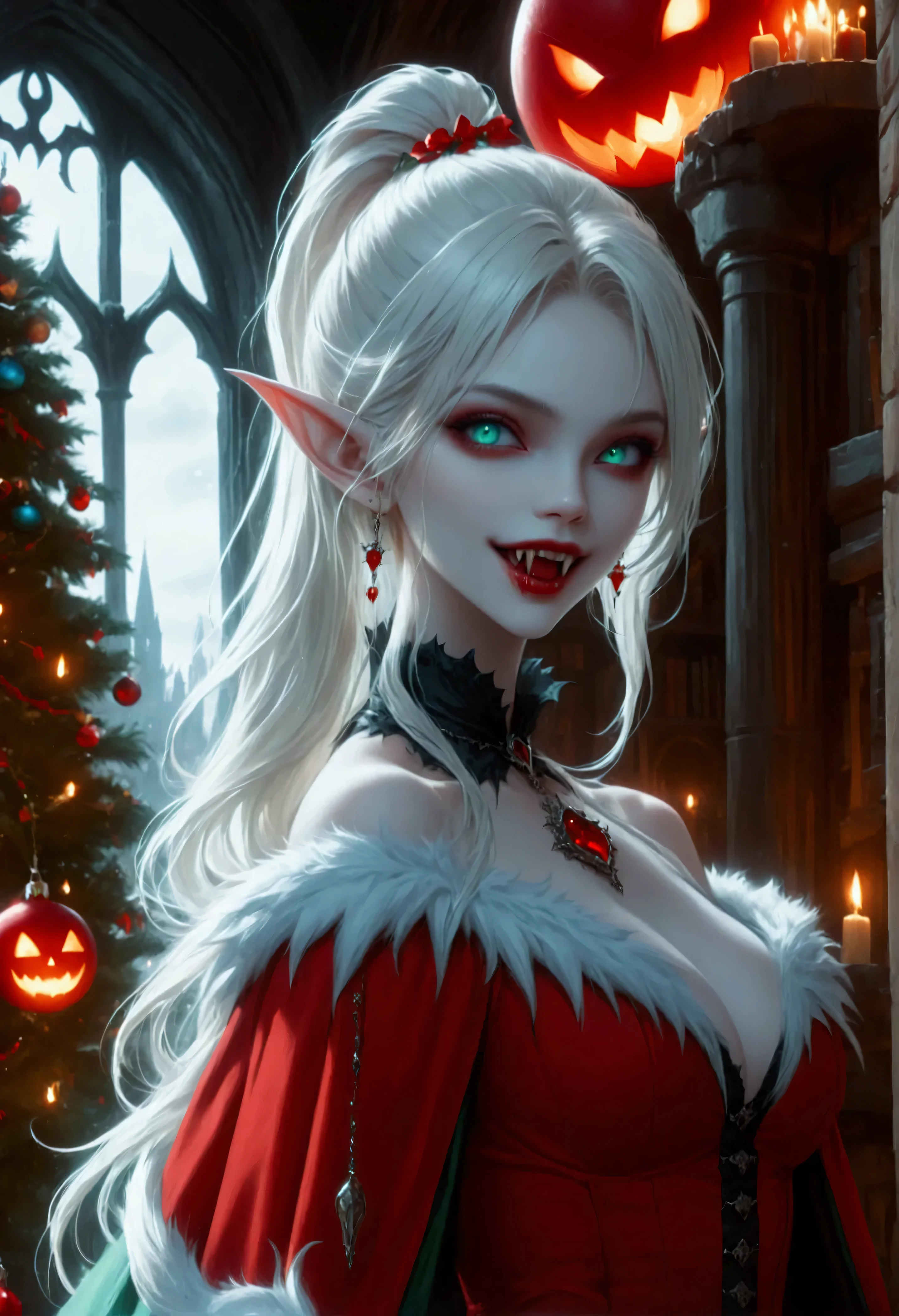 arafed a picture of elf vampire in her castle celebrating Christmas, an exquisite beautiful female elf vampire (ultra details, Masterpiece, best quality), bloody mouth, white hair, pale skin, hair in a ponytail, long hair, blond hair, blue eyes, small pointed ears, cold eyes, smirking, wearing red dress (ultra details, Masterpiece, best quality), green cloak, in fantasy library decorated for Christmas,, arafed high details, best quality, 16k, [ultra detailed], masterpiece, best quality, (ultra detailed), full body, ultra wide shot, photorealism, RAW, dark fantasy art, dark gothic art ,vampyfangs1, Cinematic Shot